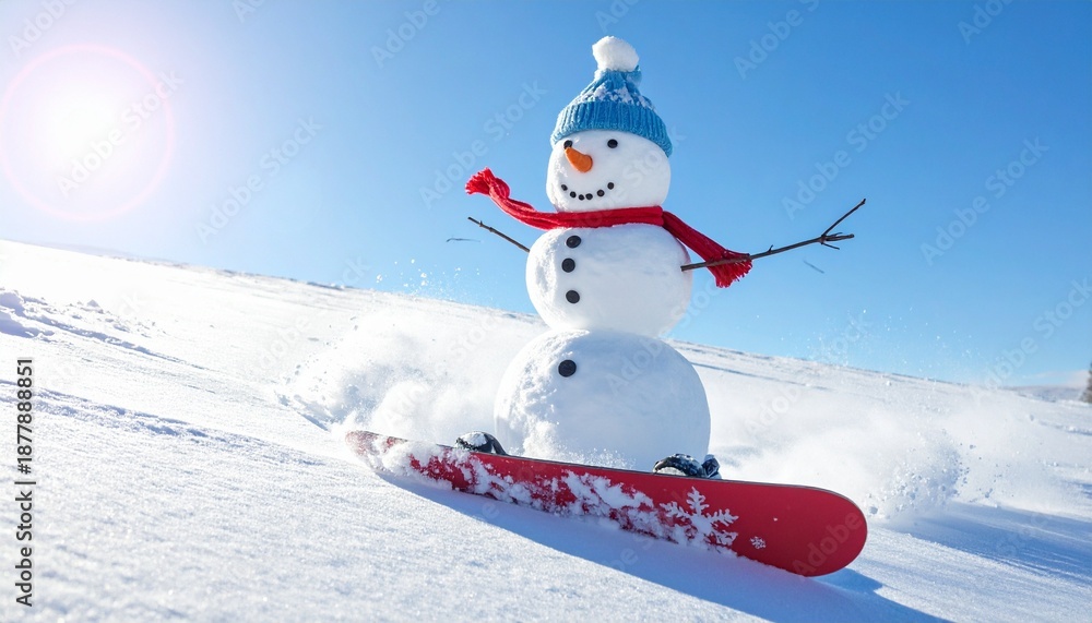 Obraz premium Happy Snowman Wearing a Blue Beanie and Red Scarf Snowboarding Down a Sunny Powder Hill