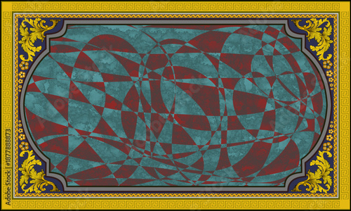 Luxury Classic Golden Ornamental Frame on Teal and Red Background