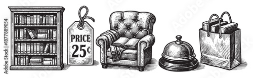 Hand-drawn engraved objects including a bookshelf, price tag, armchair with books, bell and shopping bag create a vintage, antique mood ideal for retail concepts.