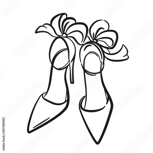 Wedding shoes, dance shoes with high heels and coquette bows. Linear sketch. Marriage, bride, wedding symbol, logo. Vector illustration isolated