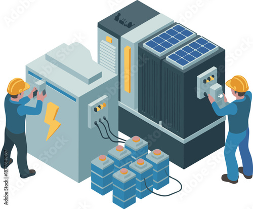 Isometric energy storage illustration with technicians, battery systems, solar panels, renewable power station, smart grid technology, clean electricity concept