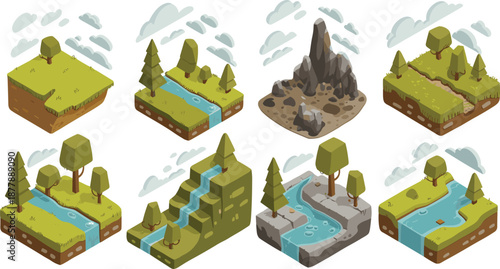 Isometric landscape elements illustration featuring rivers hills mountains trees terrain tiles nature environment game assets
