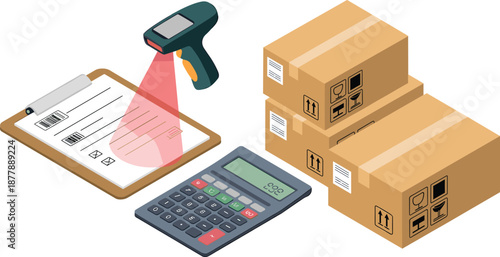 Isometric shipping and logistics illustration with barcode scanner, packages, boxes, calculator, inventory management, warehouse operations, delivery process