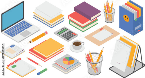 Isometric office and study workspace illustration with laptop, books, notebooks, stationery items, coffee cup, productivity tools, modern work concept