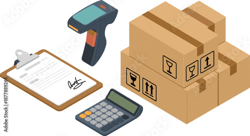 Isometric shipping and logistics illustration with barcode scanner, packages, boxes, calculator, inventory management, warehouse operations, delivery process