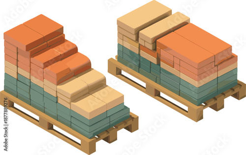 Isometric stacked bricks on wooden pallets illustration, construction materials storage, building blocks arrangement, warehouse inventory, industrial supply concept