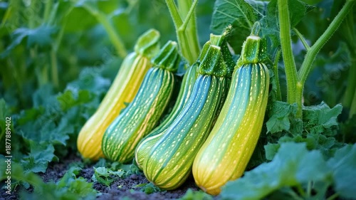 Brightly colored zucchini plants in field, growing healthily and ready for harvest.
