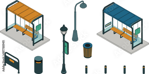 Isometric urban street furniture illustration with bus stop shelters, benches, street lights, trash bins, bollards, public transport infrastructure set