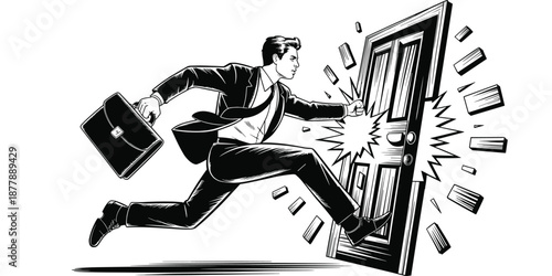 Determined businessman punching through door with briefcase in hand overcoming obstacles aggressive forceful action black and white illustration for business solutions corporate success achieving goal