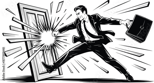 Energetic businessman kicking down door with briefcase in hand breaking through barriers overcoming challenges black and white illustration for business presentation marketing campaign overcoming adve