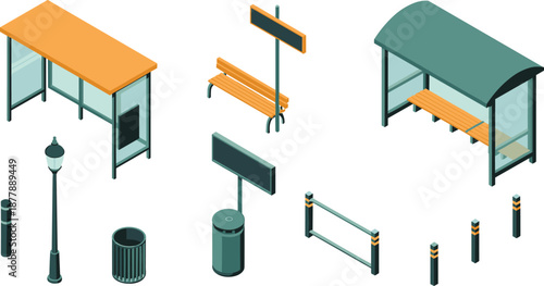 Isometric urban street furniture illustration with bus stop shelters, benches, street lights, trash bins, bollards, public transport infrastructure set