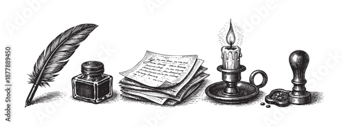 Elegant monochrome still life featuring a quill, inkwell, papers, a lit candle, and a seal, evokes a vintage, historical, or writing themed design.