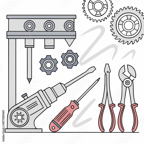 Illustration of a 3d printer and tools