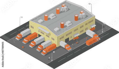 Isometric warehouse logistics illustration with factory building, delivery trucks, loading docks, supply chain operations, distribution center, industrial transport concept