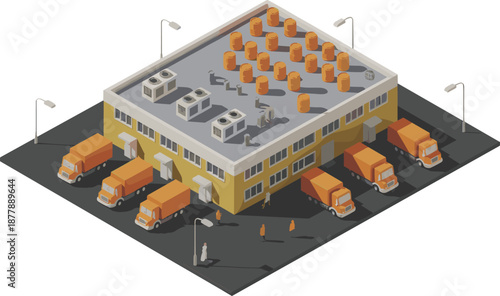 Isometric warehouse logistics illustration with factory building, delivery trucks, loading docks, supply chain operations, distribution center, industrial transport concept