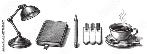 Stylized black and white vintage sketch of a desk lamp, notebook, pencil, notepad, and steaming cup of coffee. Suitable for education, study, design, or business concepts.