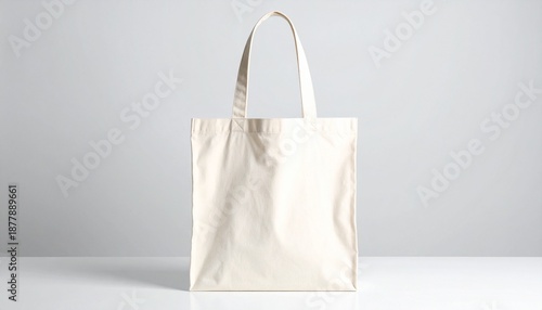 Plain White Canvas Tote Bag with Long Handles Standing Upright on a Minimalist White Surface and Background