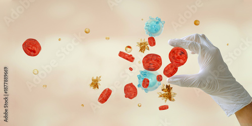 A hand showing blood components. Red Blood Cells, White Blood Cells and Platelets.	