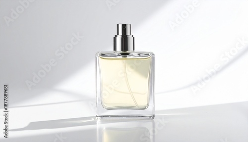 Rectangular Clear Glass Perfume Bottle with Silver Spray Nozzle Standing on a Reflective White Surface with Soft Sunlight Shadows