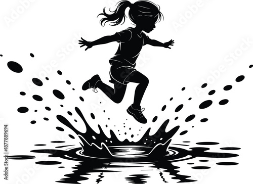 Silhouette of energetic girl jumping in puddle creating splash effect black and white illustration for children's book character design playful outdoor activity dynamic motion carefree childhood momen