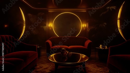 Luxurious VIP lounge interior featuring velvet seating, golden rim lighting, and a soft foggy ambiance, 4K.