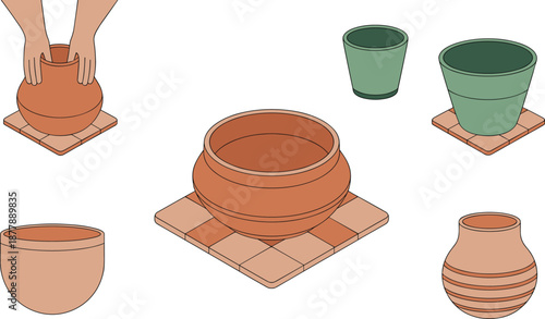 Pottery making process illustration with clay pots, ceramic bowls, handmade vessels, step by step shaping, traditional craft, flat vector design