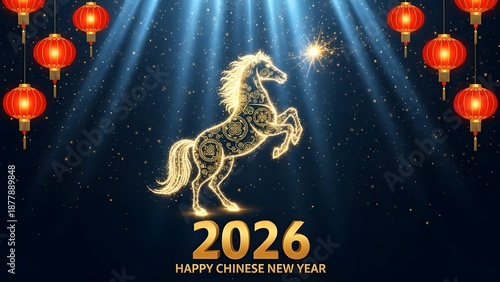 2026 Year of the Horse Chinese New Year Celebration with Golden Zodiac and Lanterns