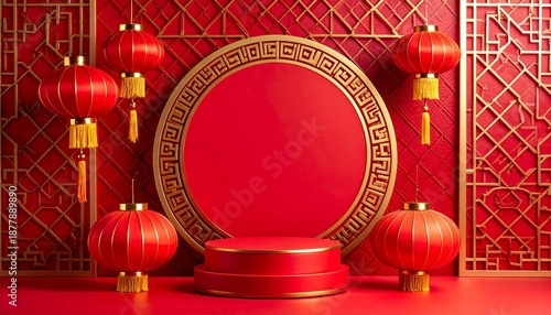 Red Circular Podium with Gold Accents Surrounded by Traditional Chinese Lanterns, Red Fans, and Ornate Screen Background