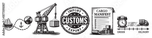 Hand-drawn sketch illustration of international trade and shipping, displaying customs, import, export, cargo manifest, order process, and delivery truck on white background.