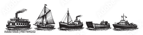 Five antique vessels, including steamboats and sailboats, are lined up on the water in this retro, monochrome illustration, suitable for historical or nautical themes.