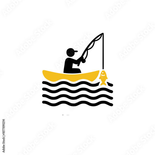 Fishing icon of a person in a boat catching a fish from wavy water