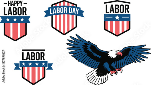 Labor Day patriotic shields bald eagle vector illustration