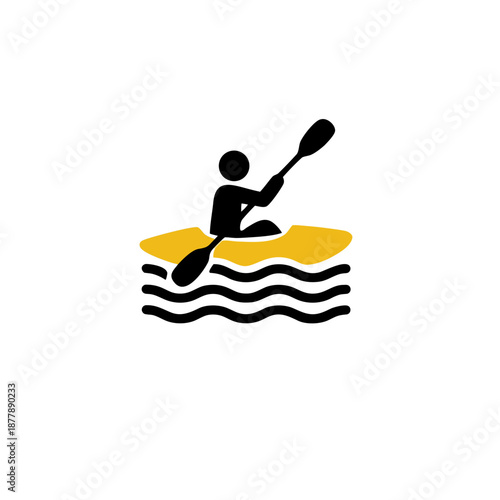Person kayaking in a stylized yellow boat on wavy water