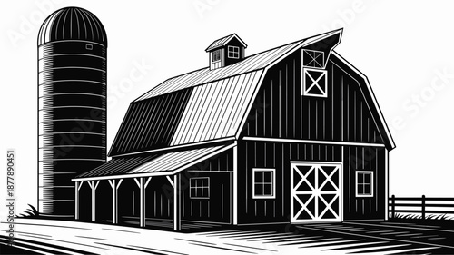 Detailed monochrome drawing of a rural barn with silo in black and white vector illustration for agricultural themed designs country farm architecture graphic element livestock farming industry applic