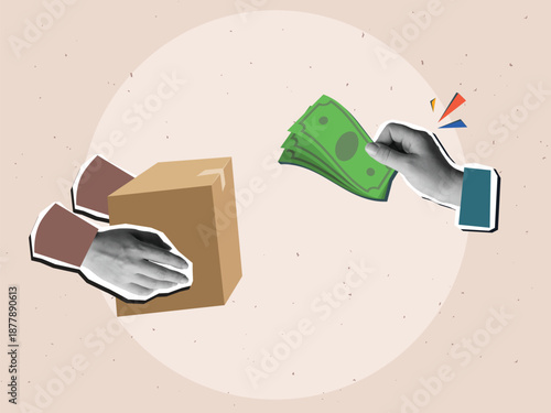 One hands holding a cardboard box and other hand gives the money. Purchasing goods. Modern photo collage style. Vector illustration