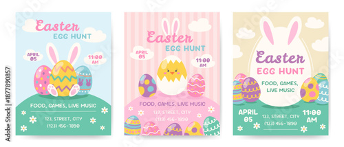 Easter egg hunt poster or invitation template set. Vector illustration