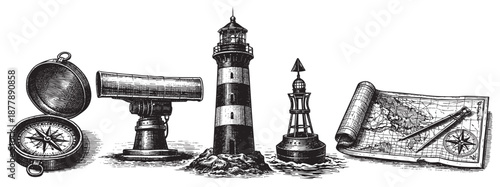 Detailed monochrome engraving features compass, telescope, lighthouse, buoy, and map, ideal for historical or nautical themed designs and illustrations.
