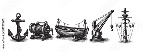 Black and white illustration of various nautical equipment, including an anchor, winch, boat, crane, and ship mast, all isolated against a white background.