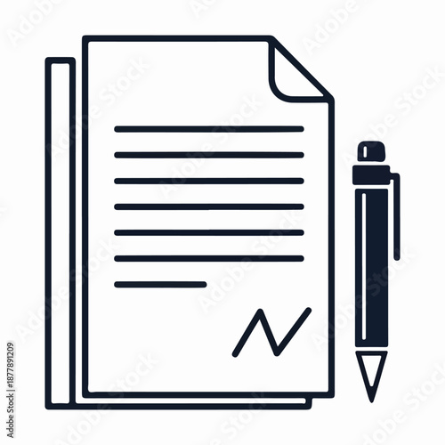 Document with signature and pen illustration isolated on white background, Vector, illustration