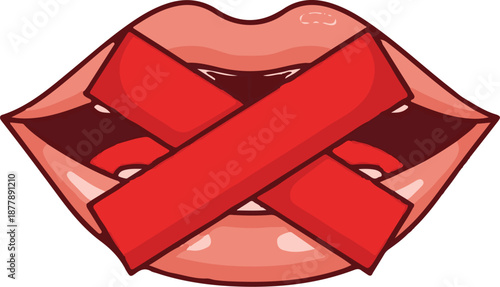 Close-up illustration of red-taped lips, symbolizing silence