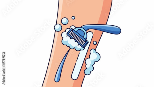 Close-up of a blue razor shaving a leg with soap bubbles and water splashes