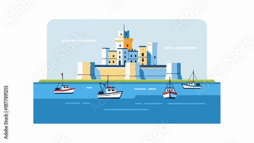 Colorful illustration of boats docked near a fortified coastal structure under a light sky