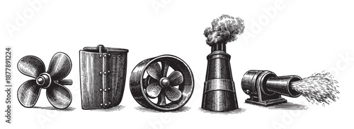 Collection of industrial elements with engraving texture displayed in a line, including a fan, tank, and chimney, rendered in a vintage and detailed black and white style.