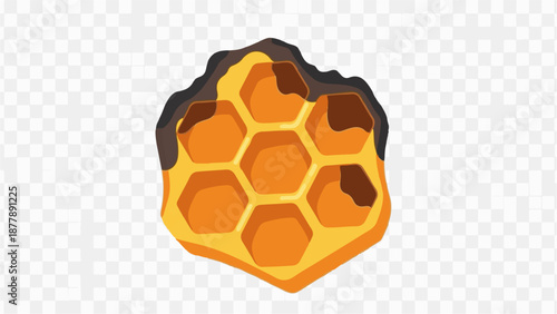 Close-up of a honeycomb structure with hexagonal cells, rendered in warm orange and yellow hues