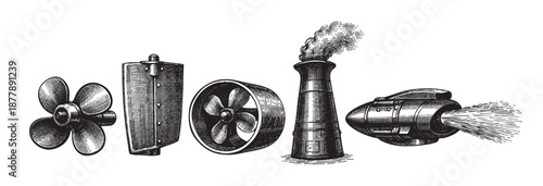 Retro graphic elements, including propellers, fans, and a smokestack, are rendered in a detailed engraving style against a clean white backdrop, suitable for various designs.