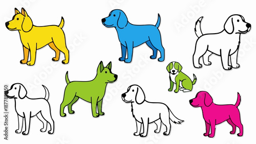 Collection of stylized dogs in various bright solid colors and outlines