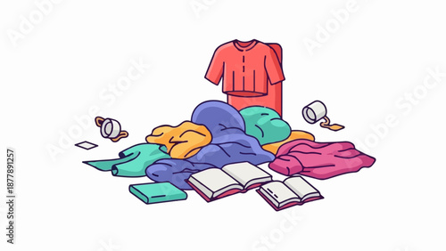 Colorful jumbled pile of clothes, open books, and spilled cups on a white background