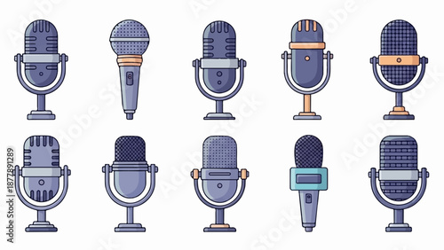 Collection of ten vintage and modern microphone icons on a white background