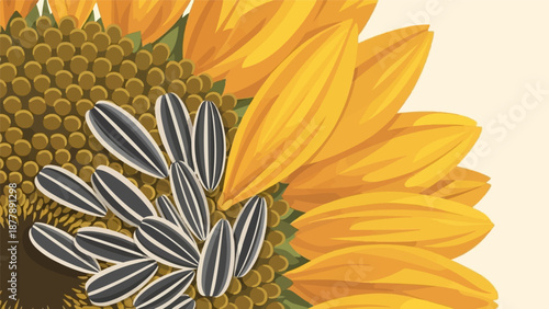 Close-up of a sunflower center with striped seeds and bright yellow petals against a pale background