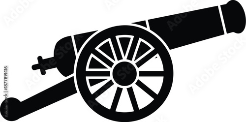 Antique Black Cannon Silhouette Illustration Firing Artillery Projectile Weaponry for Historical Military Reenactment Battle Scene Graphic Design Element Revolution War Strategy and Power Defense Weap